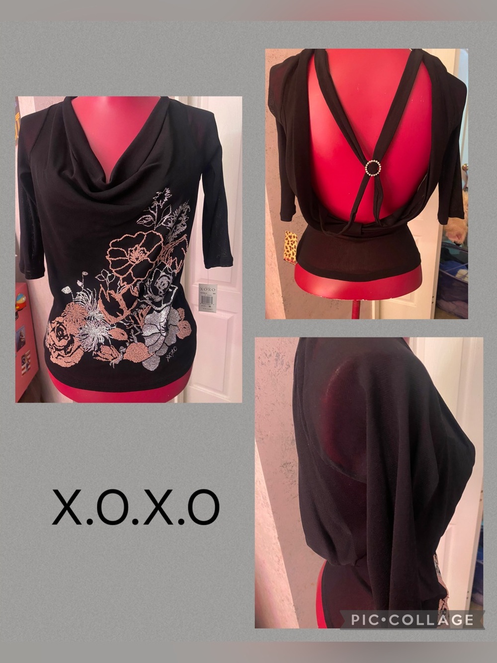 Rare Vintage Y2K X.O.X.O. Sheer black open back beaded floral top size M